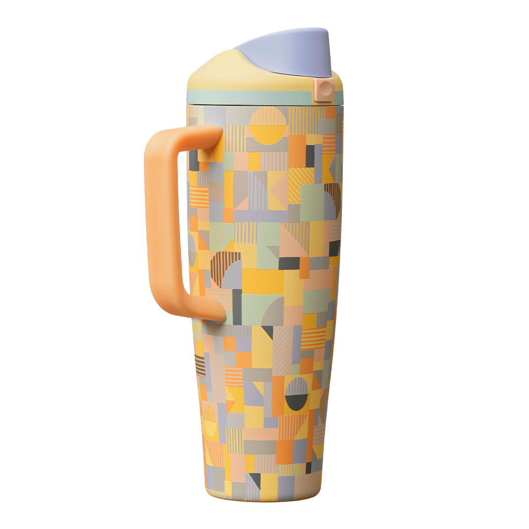 Animated mood board showing a FreeSip Tumbler 40oz in a multicolored geometric patchwork pattern of peach, mustard yellow, mint green, gray, and lavender shapes, with a peach orange side handle, light yellow lid, mint green lid accent ring, and lavender flip cap