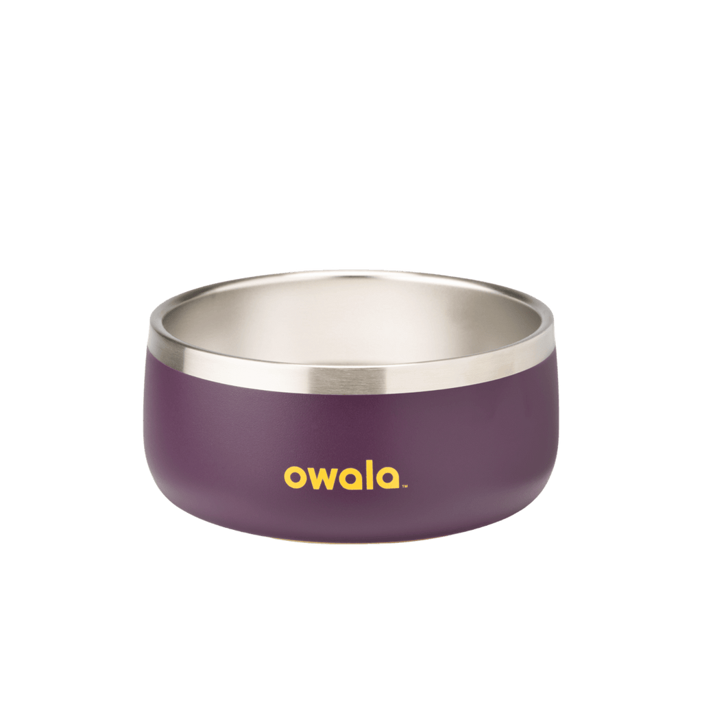 Pet Bowl 3-cup in Grapeful Fur You; matte deep purple cup exterior with stainless steel interior rim and yellow Owala logo on front